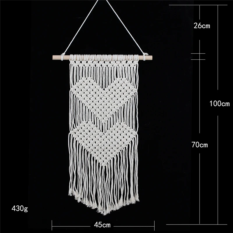 Wedding Decor Hand Knotted Cotton+Wood Wall Tapestry Heart Shape Hanging Tapestry With Tassells 1pcs Handmade Home Art Tapestry