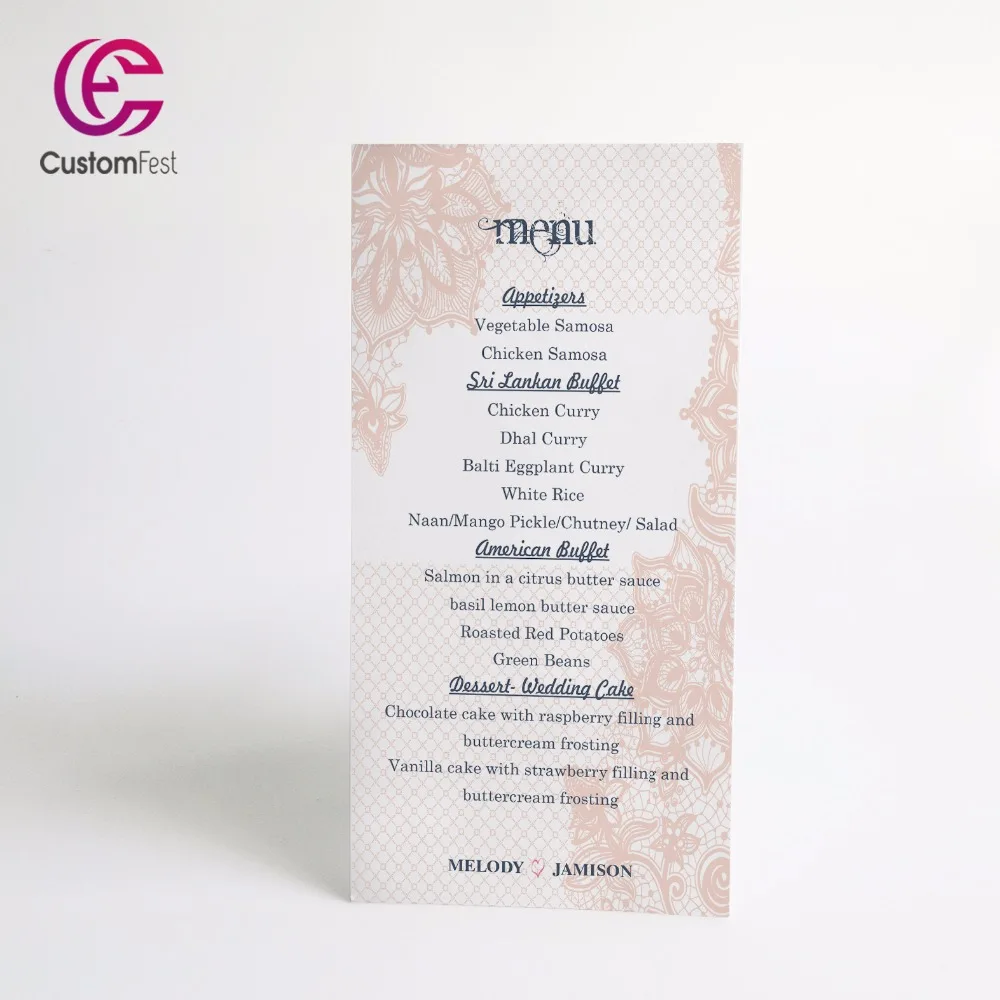 

50pcs/lot Personalized menu lace design peach color menu whole set available MU03