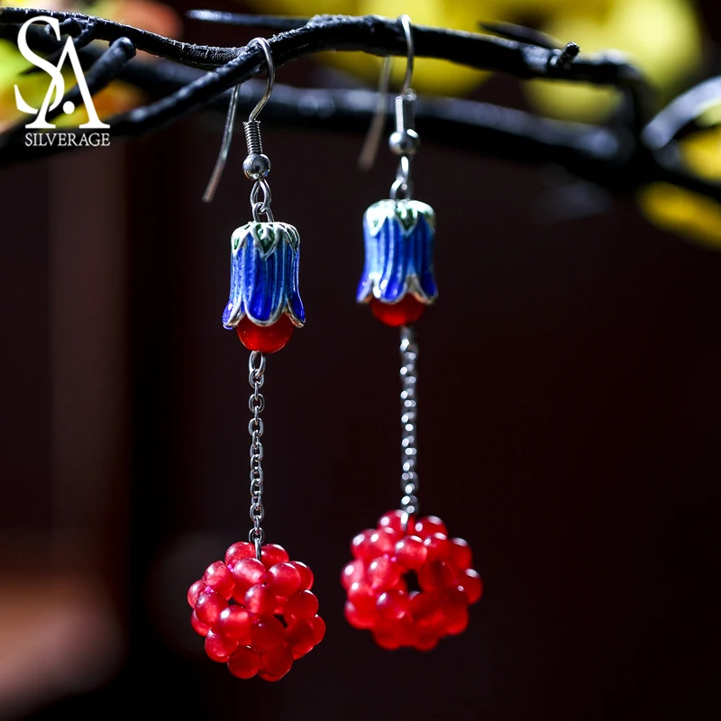 

SA SILVERAGE Drop Earrings Woman Original Jade Earrings Beautiful Cloisonne Weaving Creative Grape Ball Chinese Characteristics