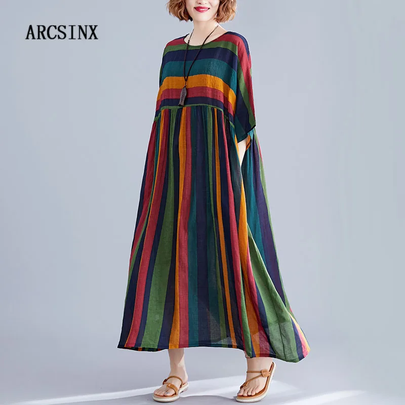 ARCSINX Boho женское платье размера плюс 4XL 5XL 6XL 7XL 8XL Полосатое женское платье Mori Girl хлопок Большие размеры Платья и сарафаны