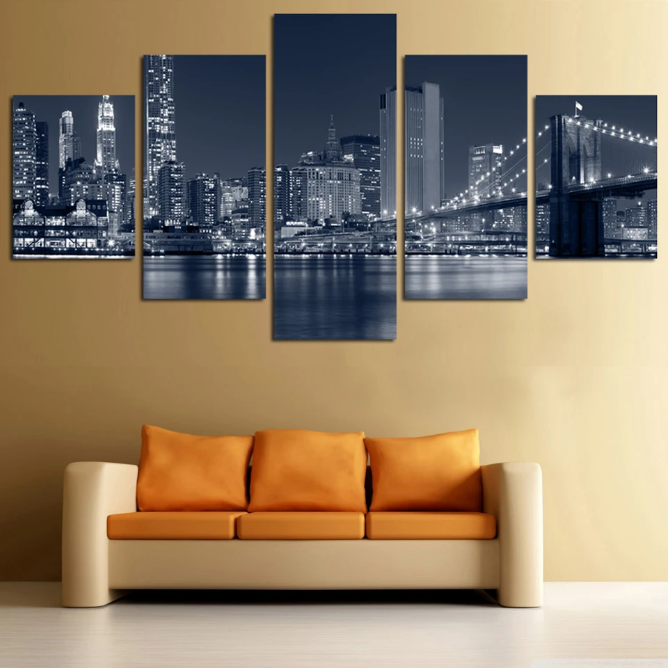 

Frame HD Printed Wall Art Modular Poster Modern 5 Panel City Night Landscape Canvas Living Room Pictures Painting Home Decor