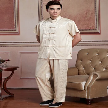 

Beige Chinese Men Tai Chi Uniform Traditional Silk Satin Kung fu Suit Short Sleeve Wu Shu Clothing SizeM L XL XXL XXXL