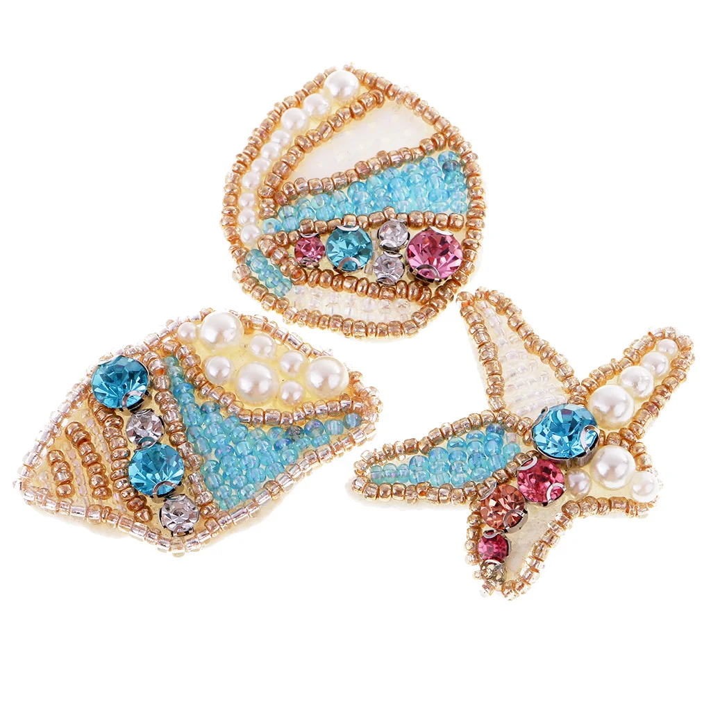 3Pcs Sew on Iron on Rhinestone Pearl Patch Beaded Starfish Conch Transfer Badge Applique for Clothes Bag Hat Craft Decor DIY