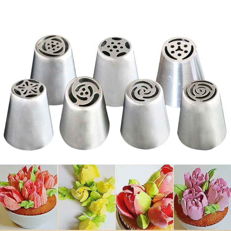 

7pcs/set Russian Nozzles Tulip Icing Piping Tips Cake Decoration Tool Pastry Baking Flower Cream Cake Cupcake Decorator Nozzles