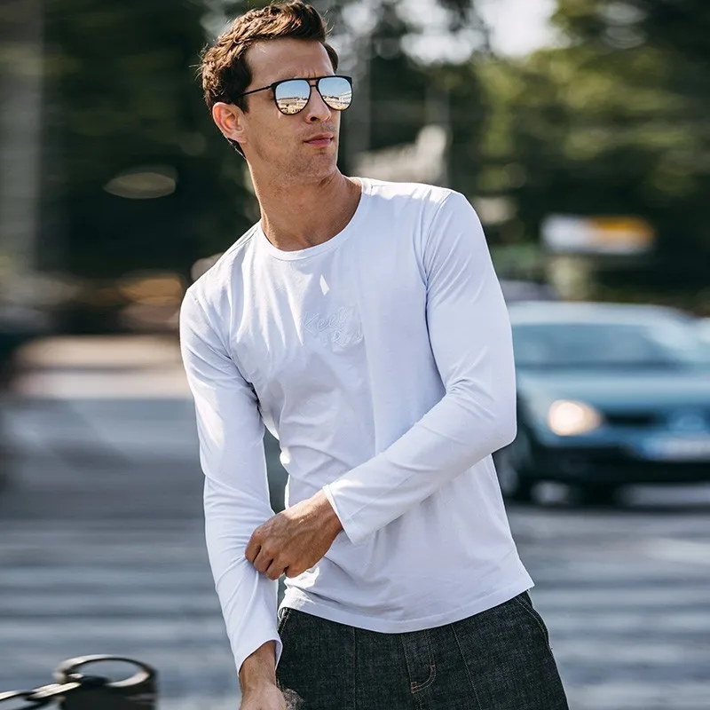 

Autumn Men T Shirt Cotton Solid Embroidery Black White For Man Casual Long Sleeve Slim Fit T-Shirt Male New Tops Tee Shirt 1489