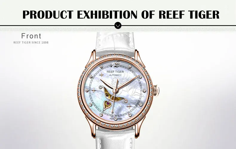 Reef Tiger LOVE Serier RGA1550 роскошные часы женские наручные часы розовое золото Тон перламутровый циферблат часы кожаный ремешок