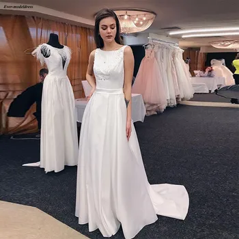 

Sparkly Beading Satin 2019 Wedding Dresses Scoop Backless A-Line Bridal Gowns Garden Plus Size Mariage Dresses vestido noiva