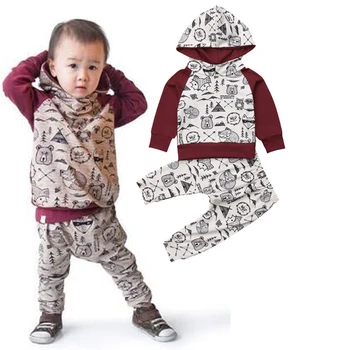 

2018Baby Girl Boy Animal Print Hoodies Clothes Set Autumn/Winter Warm Long Sleeve Outfit Set Hooded Blouse Tops+Pant Clothes Set