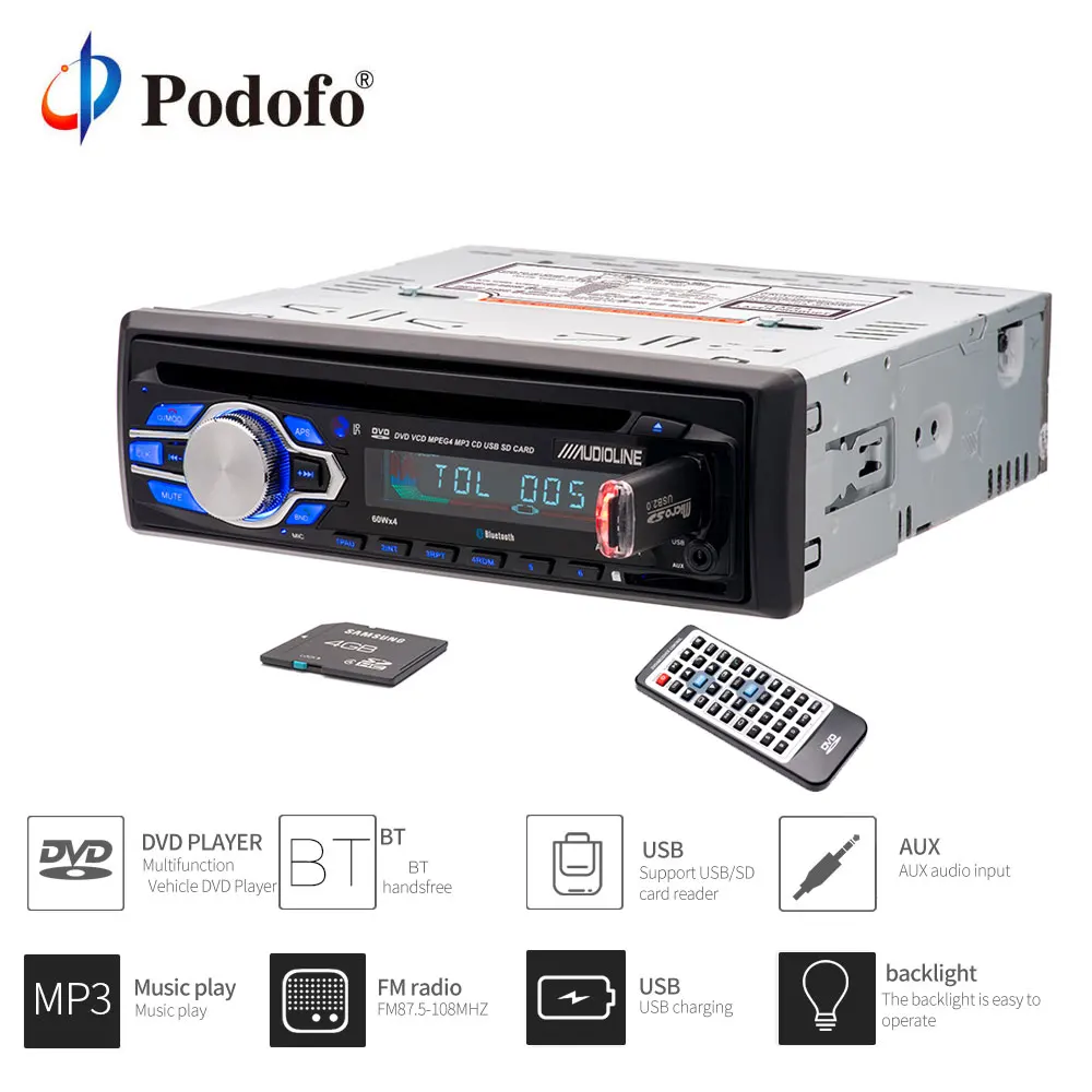 

Podofo 1din Car Radio Audio Stereo MP3 Players DVD CD Player 12V Car Handfree Indash Autoradio Bluetooth with Remote Control