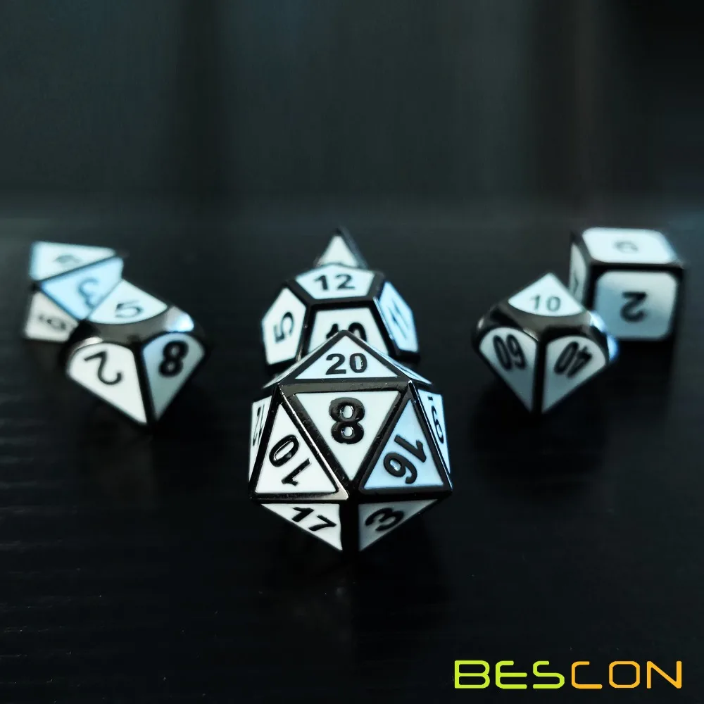 

Bescon Deluxe Glossy Black and White Enamel Solid Metal Polyhedral Role Playing RPG Game Dice Set of 7