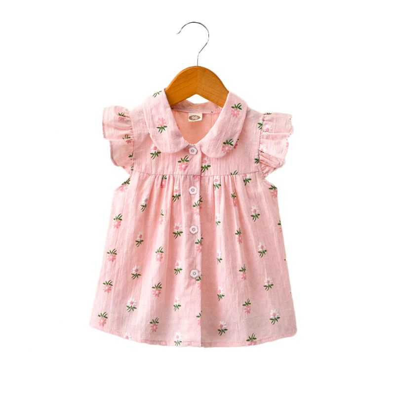 Новинка года, летняя детская рубашка для девочек топы с короткими рукавами и цветочным принтом, детский летний Кардиган синий/розовый