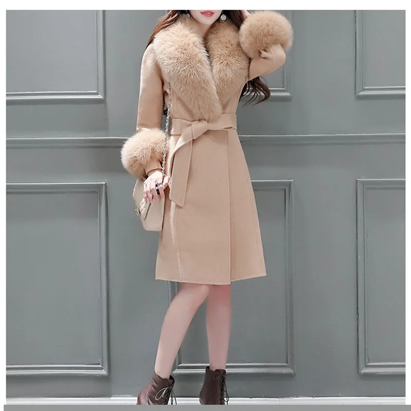 Шерстяная Женская куртка с меховым воротником осень/зима, тонкое длинное шерстяное пальто с поясом, Высококачественная верхняя одежда, женская одежда