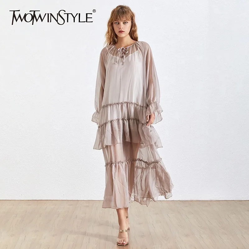 

TWOTWINSTYLE Summer Ruffles Patchwork Perspective Women's Dress V Neck Petal Long Sleeve Loose Dresse Female Fashion New 2019