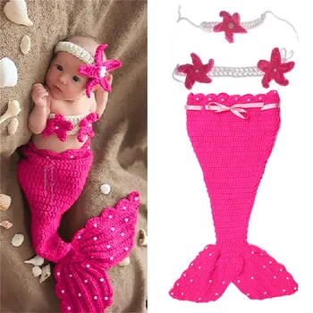 

Baby Girls Crochet Mermaid Cosplay Costume Star Toddler Christening Hat Photography Prop Newborn Infant Kids Outfits