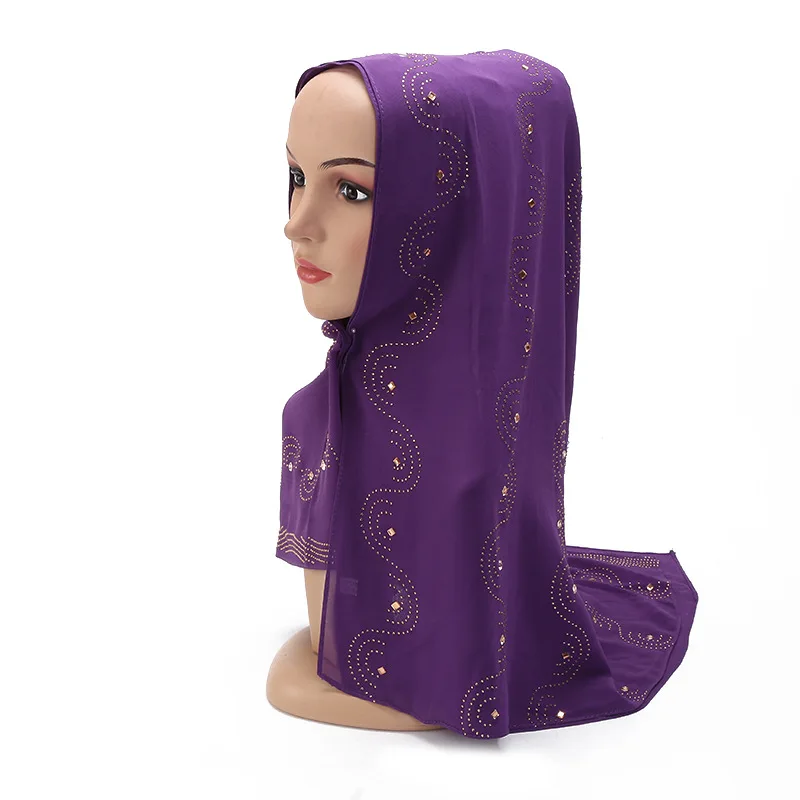 

New Solid Color Woman hijab Rhinestone Decoration Chiffon Popular Shawls Scarf Headband Muslim Turban 15 Colors Free Shipping