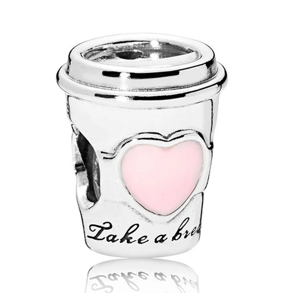 

Authentic S925 Sterling Silver DIY Jewelry Drink To Go Charm fit Lady Bracelet Bangle Pink Enamel Girl Gift