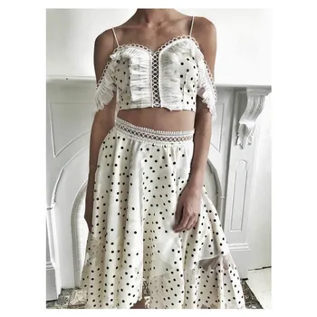 

New Women's Sexy Suits Strap Tops Mid Long Skirts Dots Printed Hollow Out Back Blouse Sets 2019 Summer Beach Clothes Top Quality