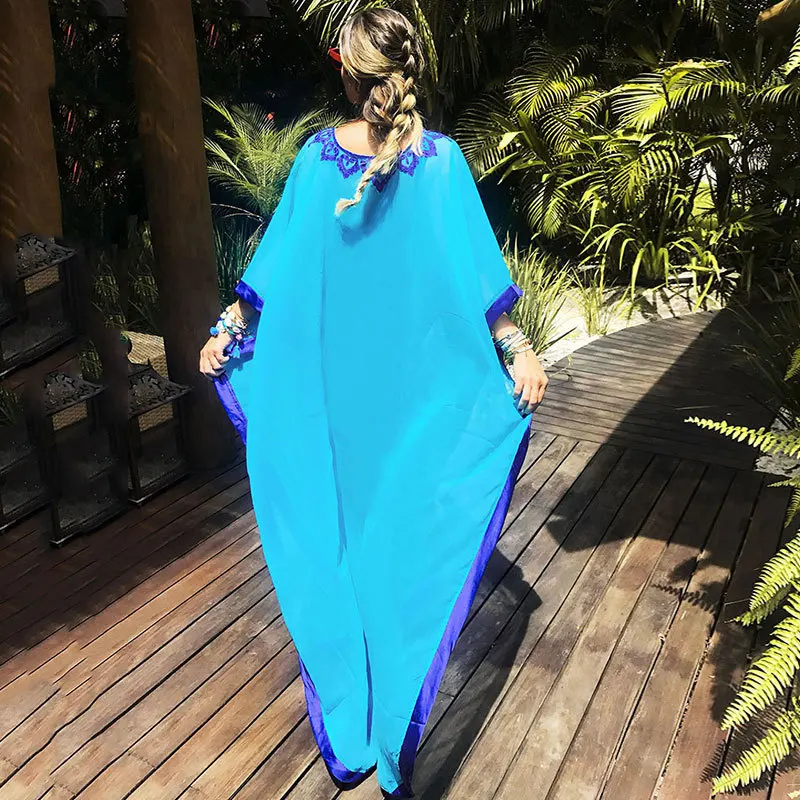 Большие размеры синий вышитые летняя пляжная одежда шифоновый кафтан пляжная Женская Туника купальный костюм плащ шорты пляжные накидка