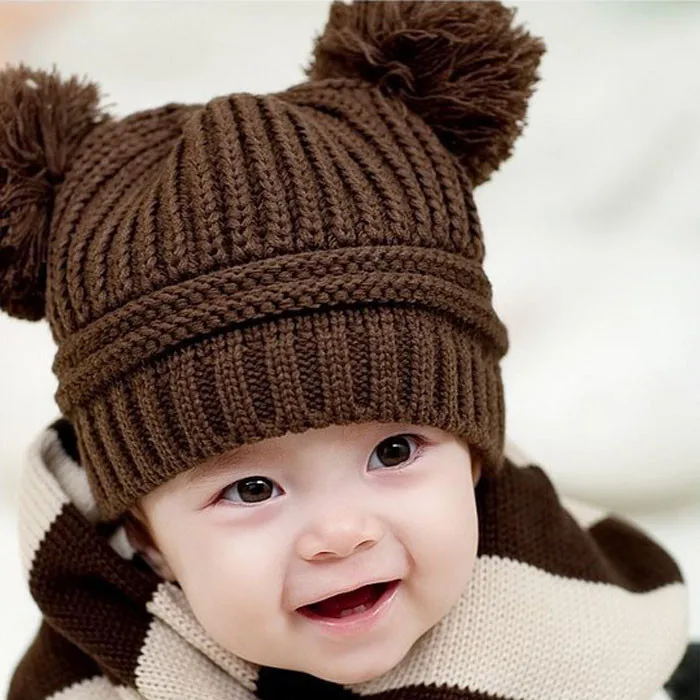 Новые детские Кепки для девочек Кепки милые детские для девочек и мальчиков двойной шары теплая зима вязаная шапка шляпа шапочка помпоном новорожденным фотографии - Цвет: E