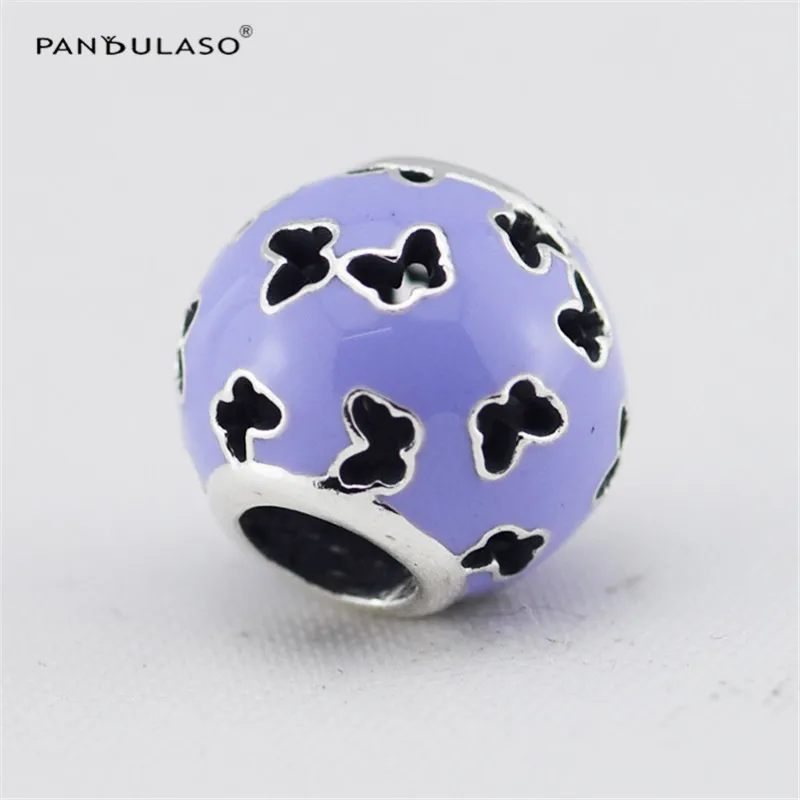 

Pandulaso Abstract Bead With Lavender Enamel Cut-Out Butterflies 100% 925 Sterling Silver DIY Jewelry Fits Silver Charm Bracelet