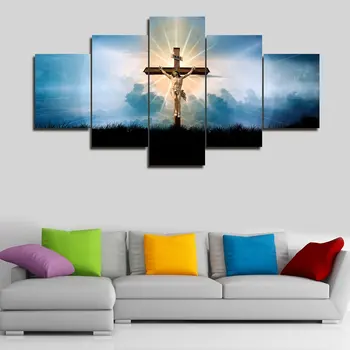 

House Decorations Living Room Wall Decor Jesus Crucified on the Cross Canvas Christ Religious Paintings 5 Panel Posters Prints