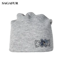 Мягкая вязаная шапочка из хлопка, женские Стразы, бант, Шапочка-бини с цветочным узором, шапка для дам, зимняя теплая простая шапка, Женская Элегантная шляпка