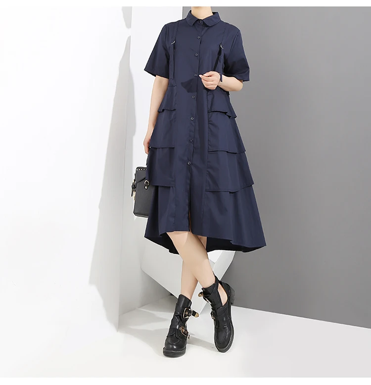Mulheres Azul Marinho Vestido Camisa Manga Comprida