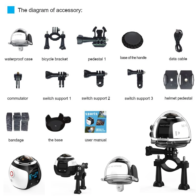 Видеокамера VR 4K 360 градусов Wi Fi панорамная 2448*2448 HD 30 м водонепроницаемая