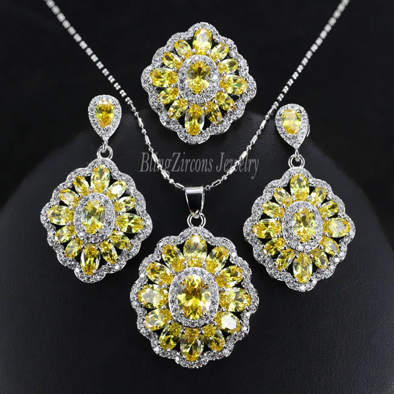 BeaQueen цветной фианит турецкое серебро 925 ювелирные изделия большое кристаллическое кольцо серьги и цепочка ожерелье наборы для женщин JS055 - Окраска металла: Yellow