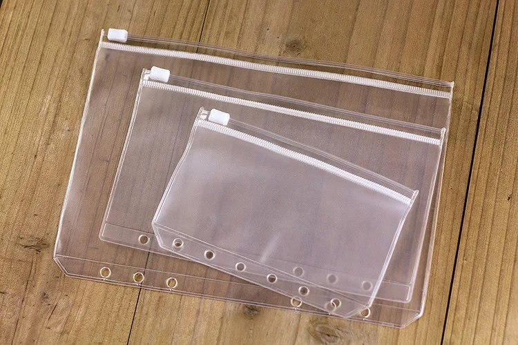 Standard Transparent PVC Clip File Zipper Bag 6 Holes Pocker A5 A6 A7 Collection File Bag Plastic Pouches