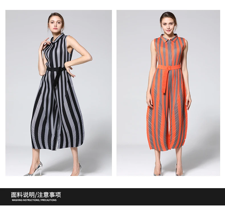 

HOT SELLING Miyake fashion fold zipper striped sleeve belt pants jumpsuits big yards IN STOCK