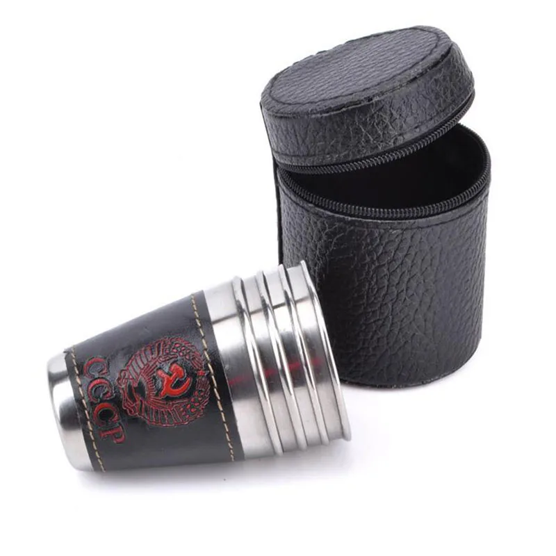 4 unids/lote 70 ml Camping taza al aire libre vajilla de tazas de agua tazas de vino de acero inoxidable taza de cerveza de cuero de la PU de Picnic senderismo playa