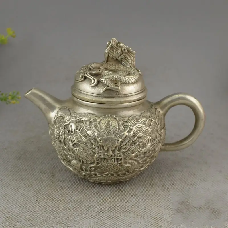 

Chinese Miao Silver Traditional Folk Art Carved Dragon Shape Teapot