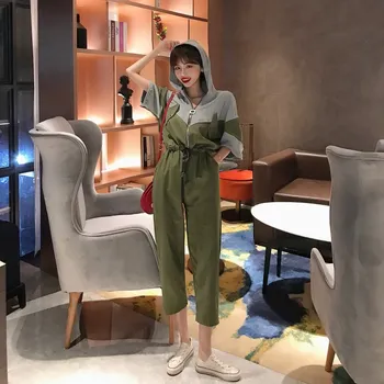 

High Waist Zipper Patchwork Jumpsuits Women Hoody Loose Drawstring Rompers