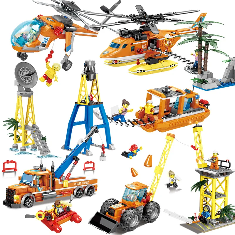 

City Rescue Helicopter Crane Bulldozer Transport Ship Building Blocks Compatible Legoing Fire Police Figures Brick Toy For Child