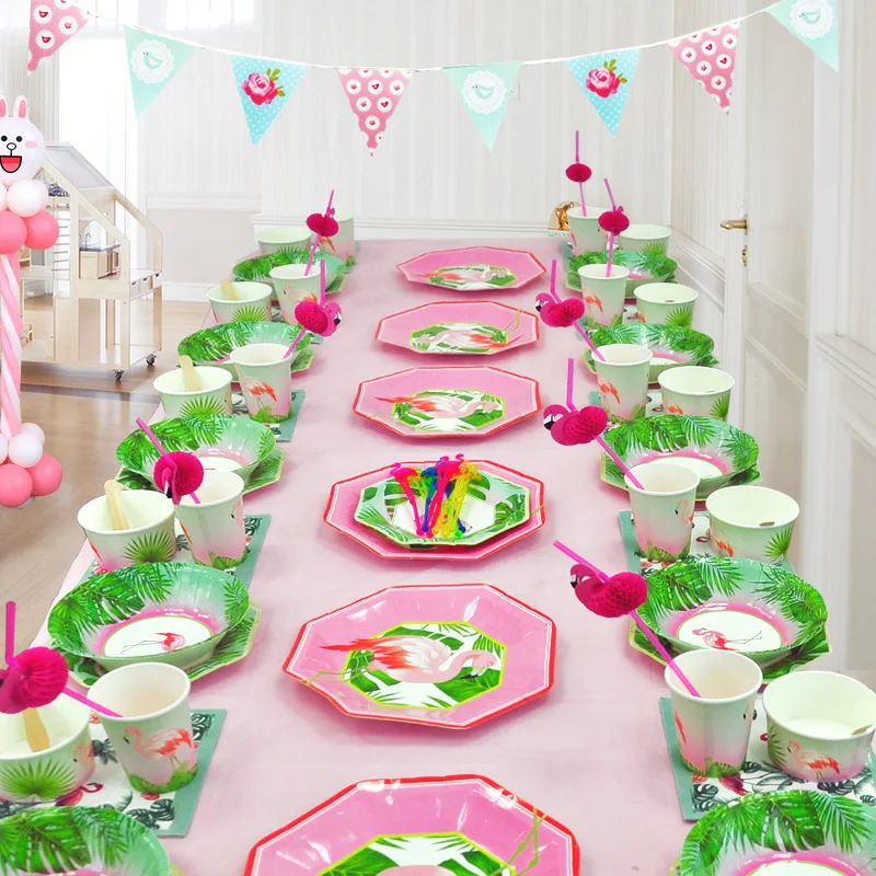 1 день рождения одноразовая посуда набор розовый/зеленый бумажный стаканчик/тарелка/соломинка/салфетки Фламинго вечерние скатерти декор для душа ребенка