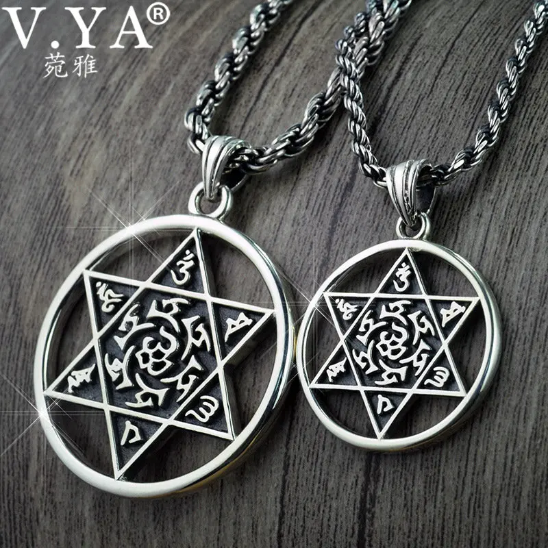 

V.YA Thai Silver Geometry Hexagram Pendants 100% 925 Sterling Silver Jewelry Buddhism Om mani padme hum Pendant Drop Shipping