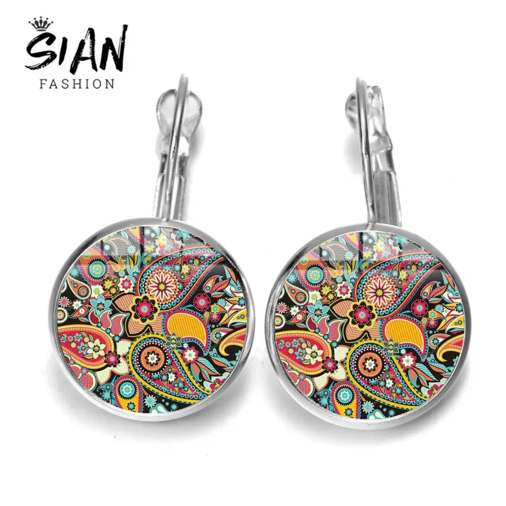 

SIAN Ancient Retro Indian Paisley Earrings Mandala Flower Unique Art Picture Glass Round Hippies Dangle Earings Fashion Jewelry