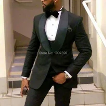 Black Slim Fit Mens Suits for Wedding Groom Tuxedos 2018 Shawl Lapel Custom Male Blazer Three Piece Jacket Pants Vest