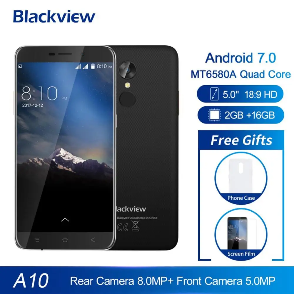 Blackview A10 2GB RAM 16GB ROM MT6580A Quad Core 5 inch HD 3G Smartphone Android 7.0 fingerprint 8.0MP rear camera mobile phone