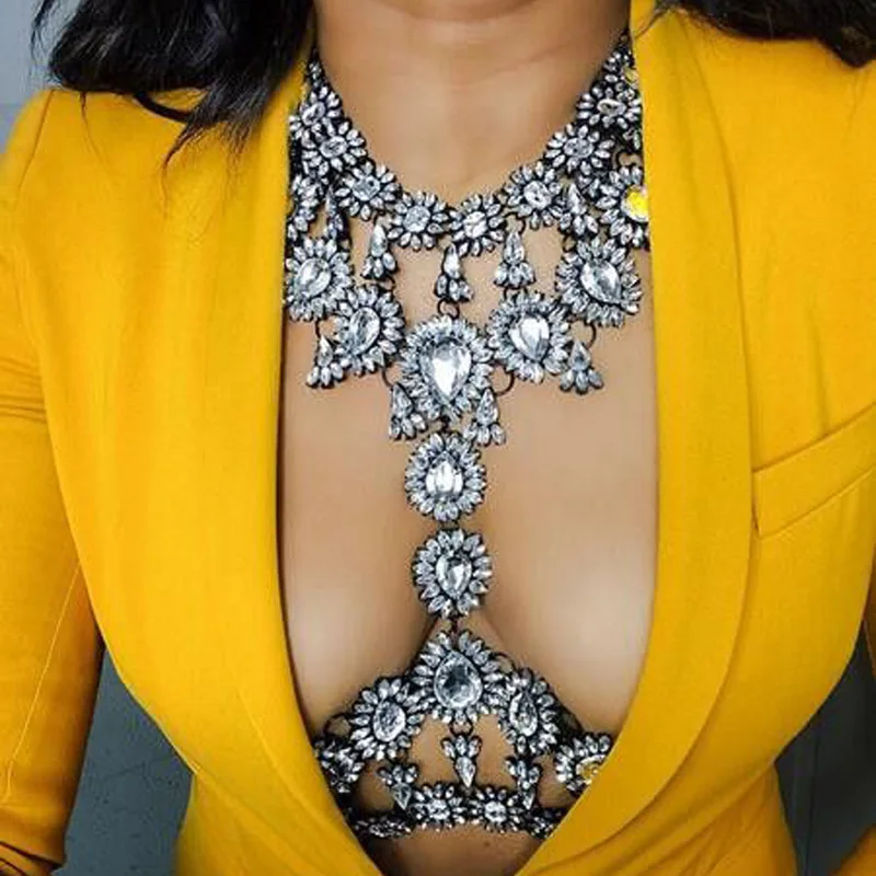 New Sexy Gem Summer Luxury Crystal Chunky Flower Necklace Maxi Femme 