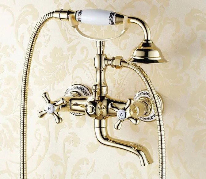 

Luxury Gold Color Brass Two Cross Handles Base Clawfoot Bathroom Wall Mounted Handheld Shower Bath Tub Faucet Mixer Tap atf408