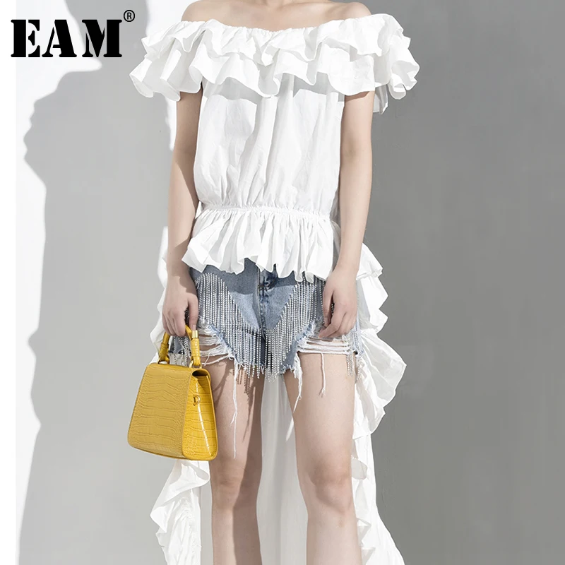 

[EAM] 2019 New Spring Summer Slash Neck Short Sleeve White Back Long Ruffles Irregular Shirt Women Blouse Fashion Tide WG8620