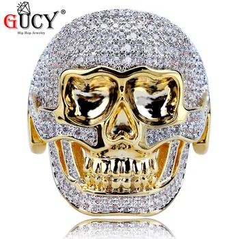 

GUCY Hip Hop Skeleton Bling Ring Gold Color Bicolor Plated All Iced Out Micro Pave AAA CZ Stones Skeleton Head Ring For Men
