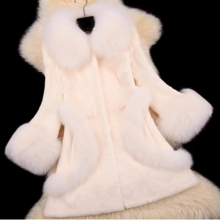 Женская Высококачественная осенне-зимняя куртка размера плюс из лисьего меха, полностью утолщенная кожаная длинная шуба из кроличьего меха, меховая теплая куртка - Цвет: Rice white