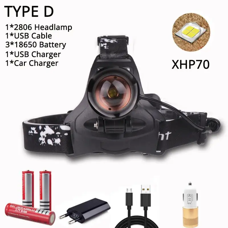 USB Перезаряжаемый 50000LM мощный налобный фонарь XHP70.2 светодиодный налобный фонарь Водонепроницаемый налобный фонарь мощный налобный фонарь 3*18650 батареек - Испускаемый цвет: Package D