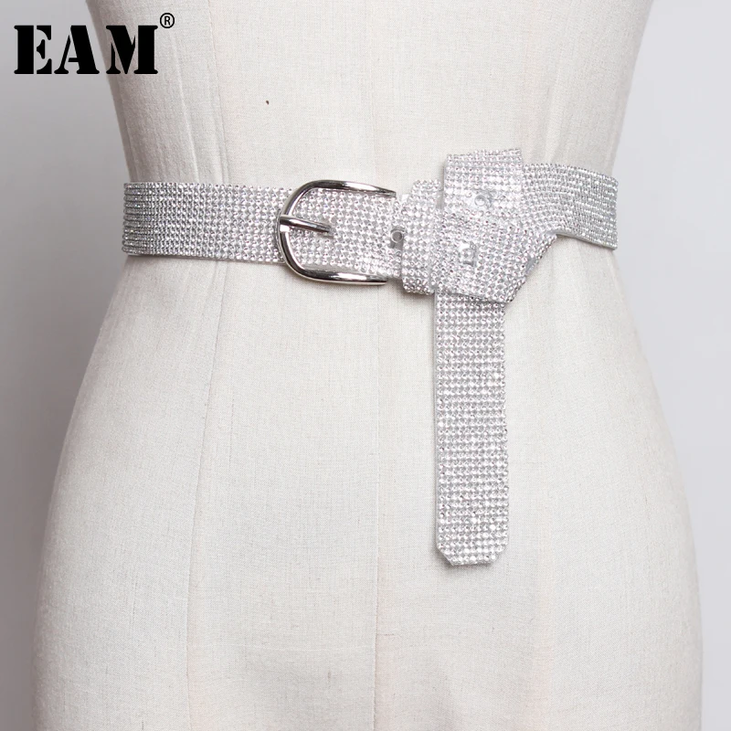 

[EAM] 2019 New Spring Summer PVC Rhinestone Split Joint Buckle Personality Long Wide Belt Women Fashion Tide All-match JW200