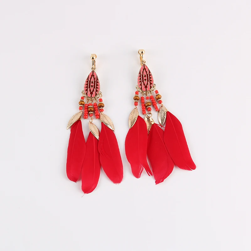Fashion Bohemian Long Tassel Enamel Feather Clip on Earrings For Women ear clip earrings,clip earrings,ear clip,ear accessories