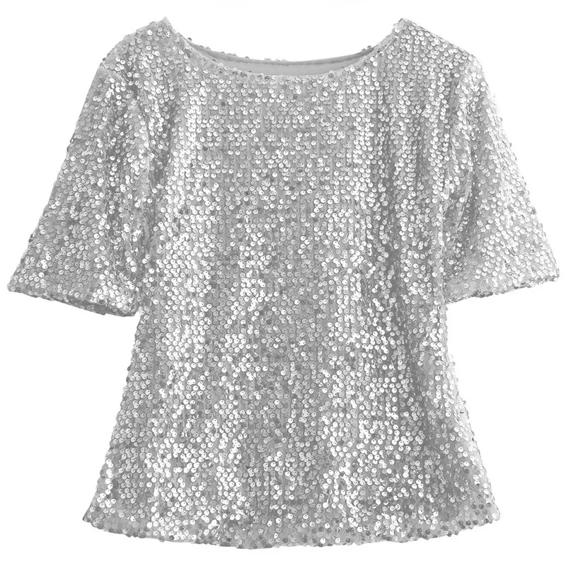 Летняя новая женская мода наклонное плечо блестки тонкая рубашка Повседневные Топы Блузка - Цвет: Серебристый