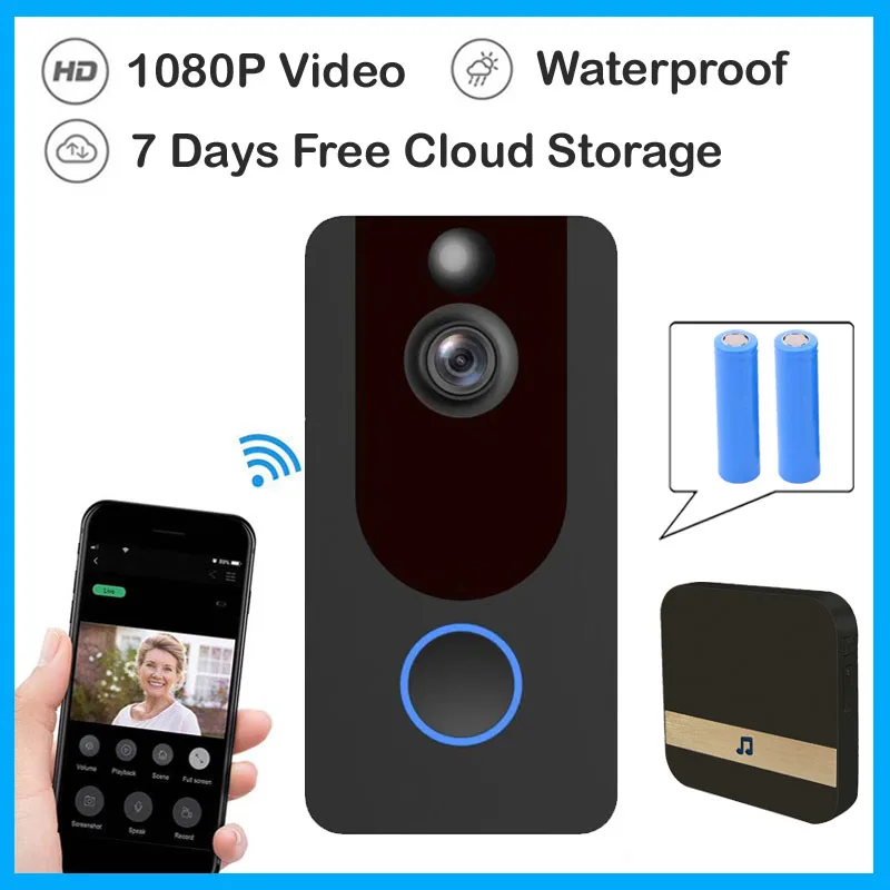 Дверной звонок 1080P Wi Fi умный беспроводной дверной V7 водонепроницаемый домофон